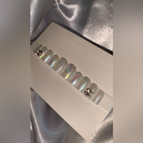 Milky White Iridescent Extra Short Square Nails with Bling Charms - Picture 3 of 8